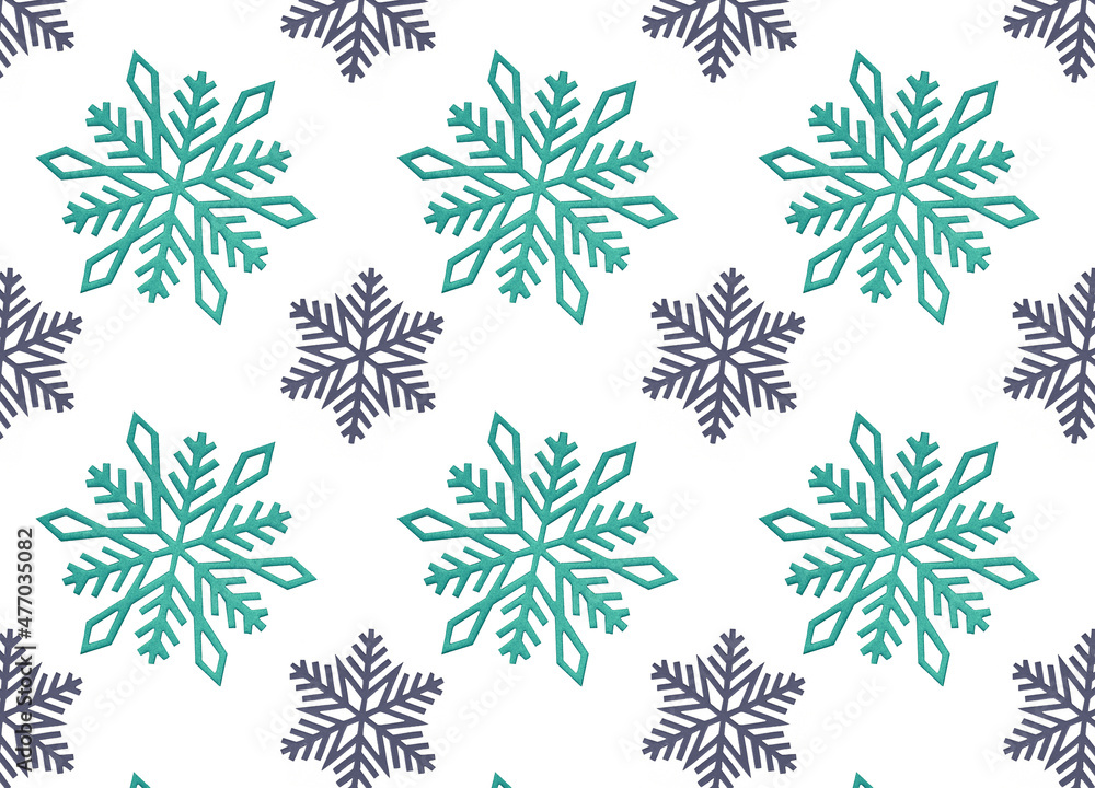 seamless pattern of blue and purple snowflakes on a white background
