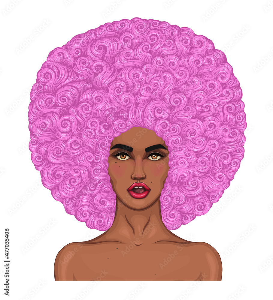 Vector African American girl with open mouth in surprise. Woman Fashion model with magnificent curly afro retro hairstyle. Pink wavy haircut. Fashionable model with bare shoulders clean healthy skin Vector African American girl with open mouth in surprise. Woman Fashion model with magnificent curly afro retro hairstyle. Pink wavy haircut. Fashionable model with bare shoulders clean healthy skin