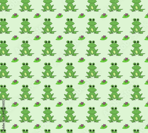 Seamless pattern with cute frogs, reed and water lily on green background. Perfect content for wallpaper, postcards, posters, fabric, napkins and other creative projects.