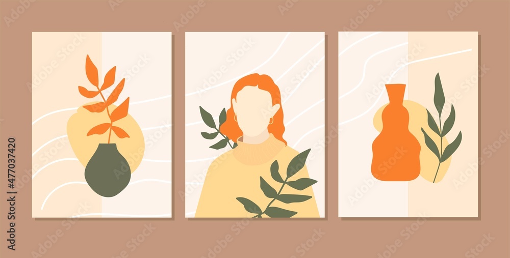 Set of abstract female figures with plants and vase. Portraits of women in a fashionable minimalism style, silhouettes without a face. Vector for a poster, cover, flyer or wall decor. Set of abstract female figures with plants and vase. Portraits of women in a fashionable minimalism style, silhouettes without a face. Vector for a poster, cover, flyer or wall decor.