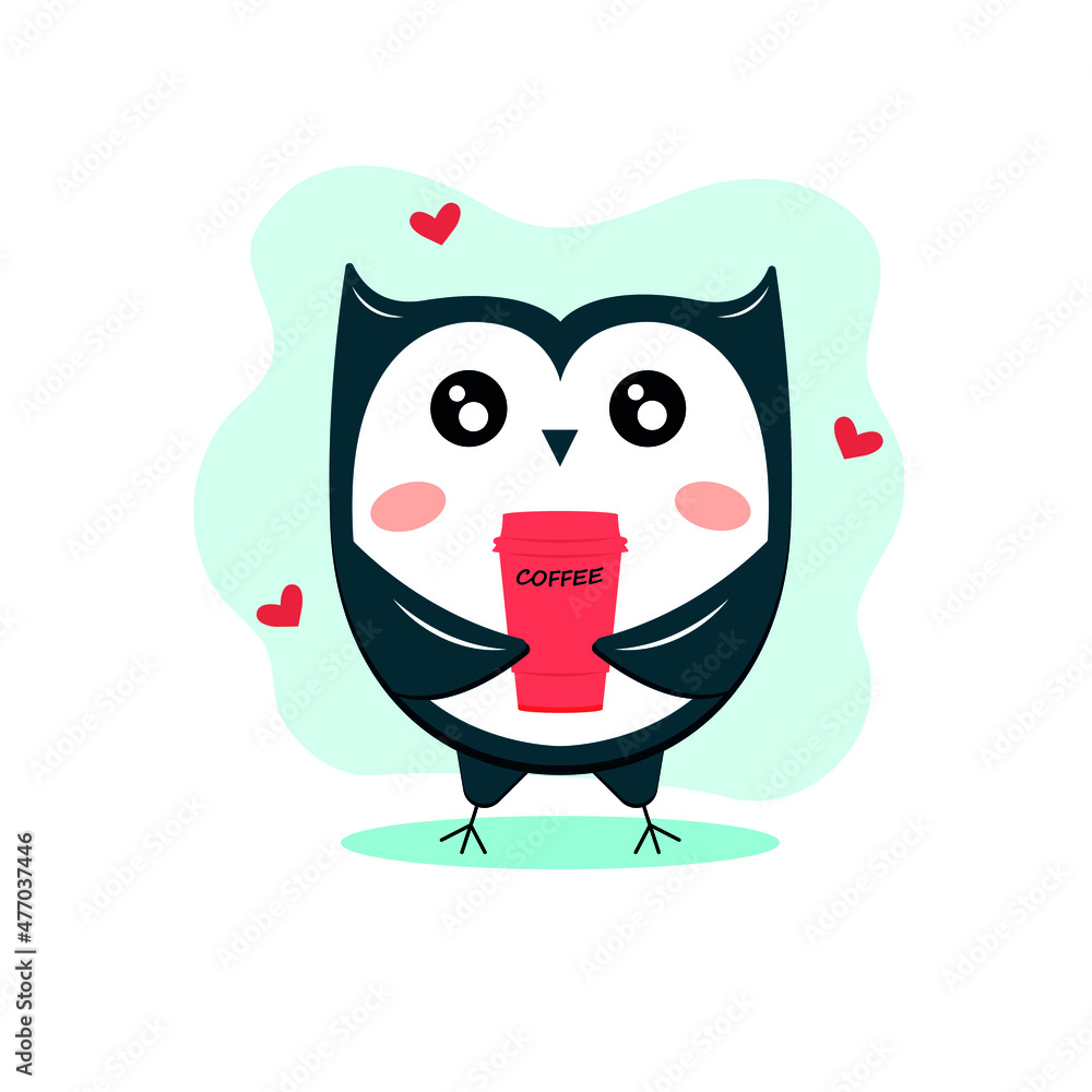 Owl illustration in flat style. Hand drawn cartoon animal print for kids or babies t-shirt design, room decoration, greeting cards, posters. Cute character with cup of coffee. Vector