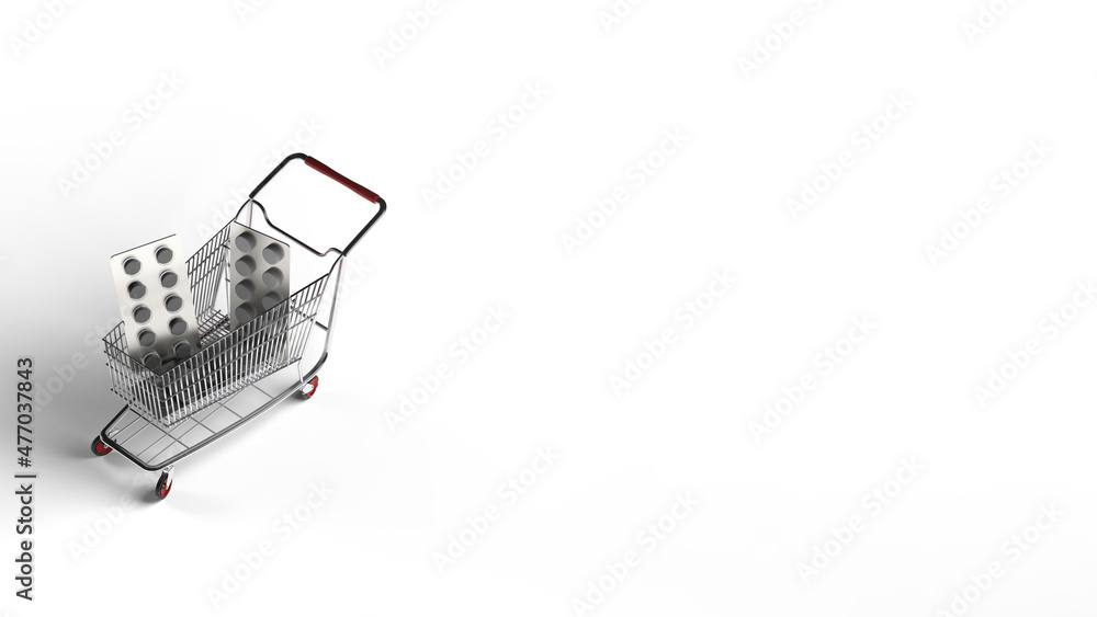 Buy and shopping medicine concept. Various capsules, tablets and medicine in shop trolley on a white background. Copy space. 3d illustration