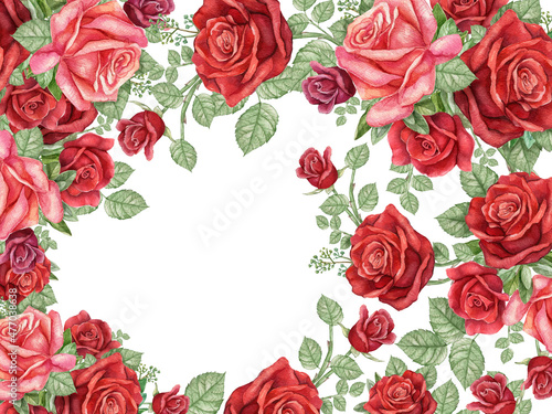 Watercolor durk red rose frame, burgundy red flower border,wedding, bridal shower frame,Vintage roses on white background. photo