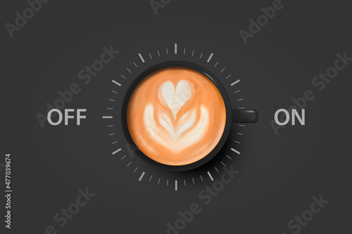 Vector 3d Realistic Off, On Switch with Milk Foam Coffee in Black Ceramic, Porcelain Coffee Mug, Foam Pattern. Capuccino, Latte. Concept Creative Banner with Coffee Cup. Design Template. Top View