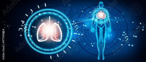 Holography of a blue man with lungs in concept of health and healthy respiratory system. Medical future technology and innovative concept.