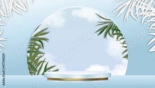 Studio room backdrop with Podium showcase display on blue sky, cloud and paper cut palm leaves on wall,Vector 3D Stage pedestal for Product presentation beauty products for Spring, Summer background