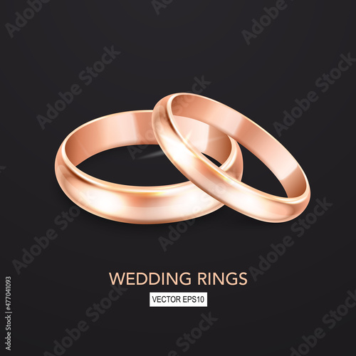 Vector 3d Realistic Yellow Golden Metal Wedding Ring Set. Design Template of Shiny Rings in the Shape of Heart. Wedding, Engagement, Love, Romantic, Jewelry Store Concept. Rings Clipart, Mockup