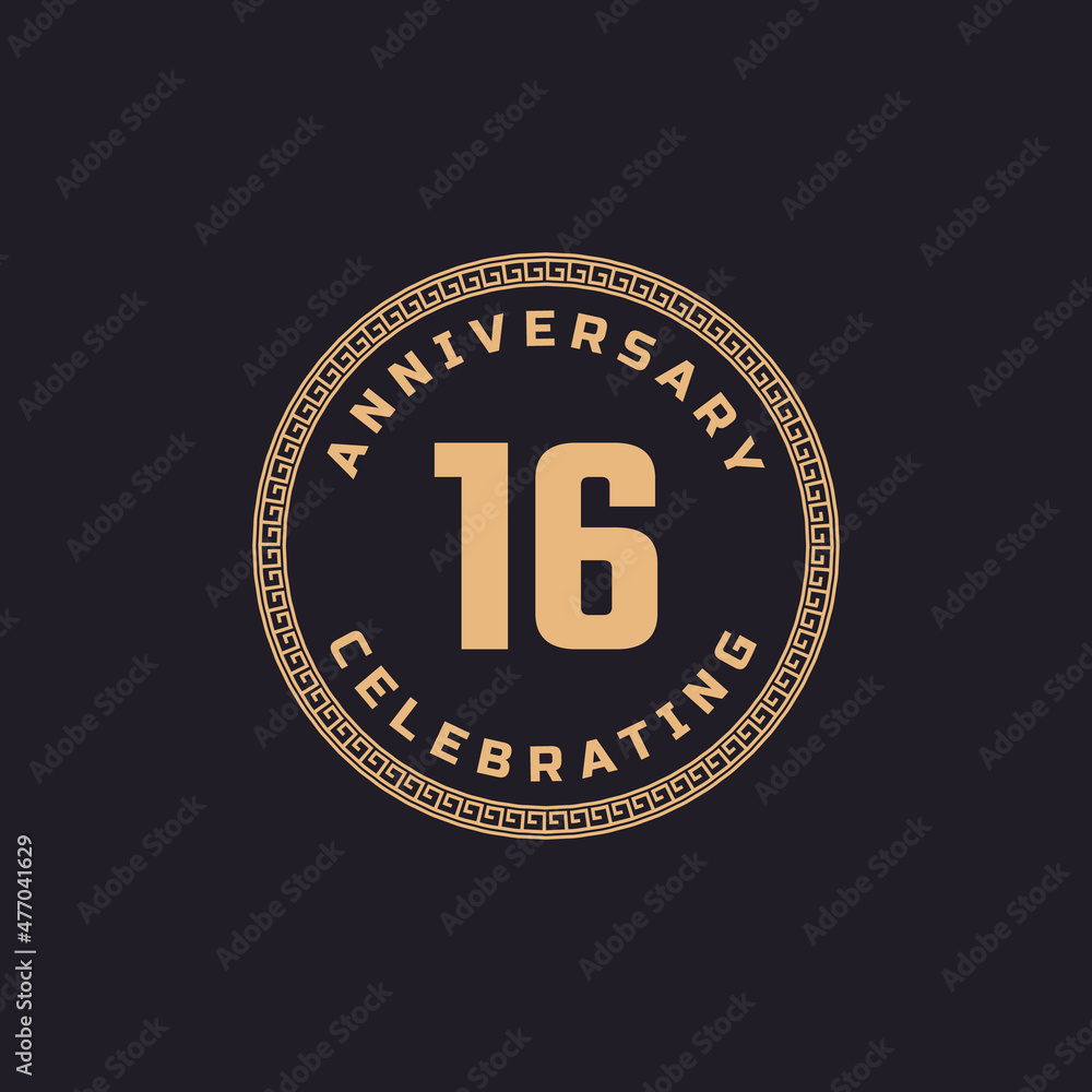 Vintage Retro 16 Year Anniversary Celebration with Circle Border Pattern Emblem. Happy Anniversary Greeting Celebrates Event Isolated on Black Background