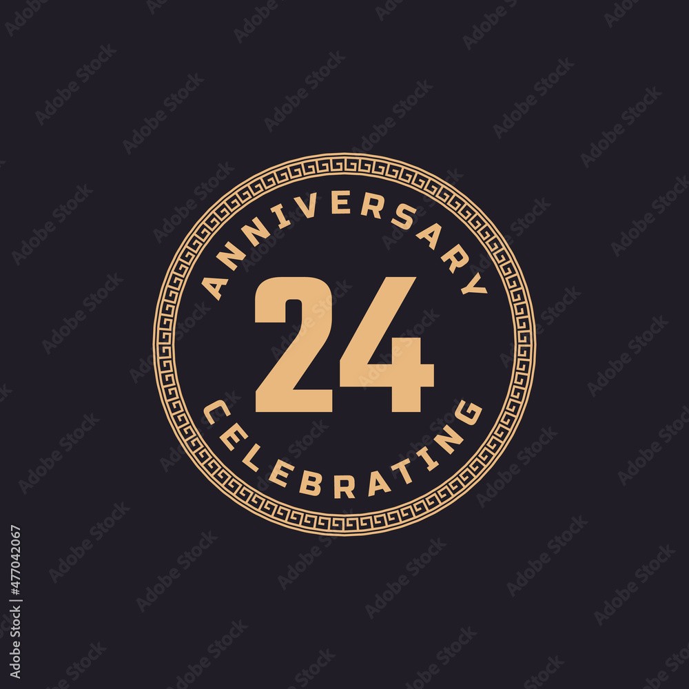 Vintage Retro 24 Year Anniversary Celebration with Circle Border Pattern Emblem. Happy Anniversary Greeting Celebrates Event Isolated on Black Background