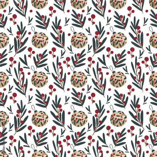 Seamless Christmas pattern with Christmas tree toys and greenery.  Festive illustration for wrapping paper, textiles, jewelry.