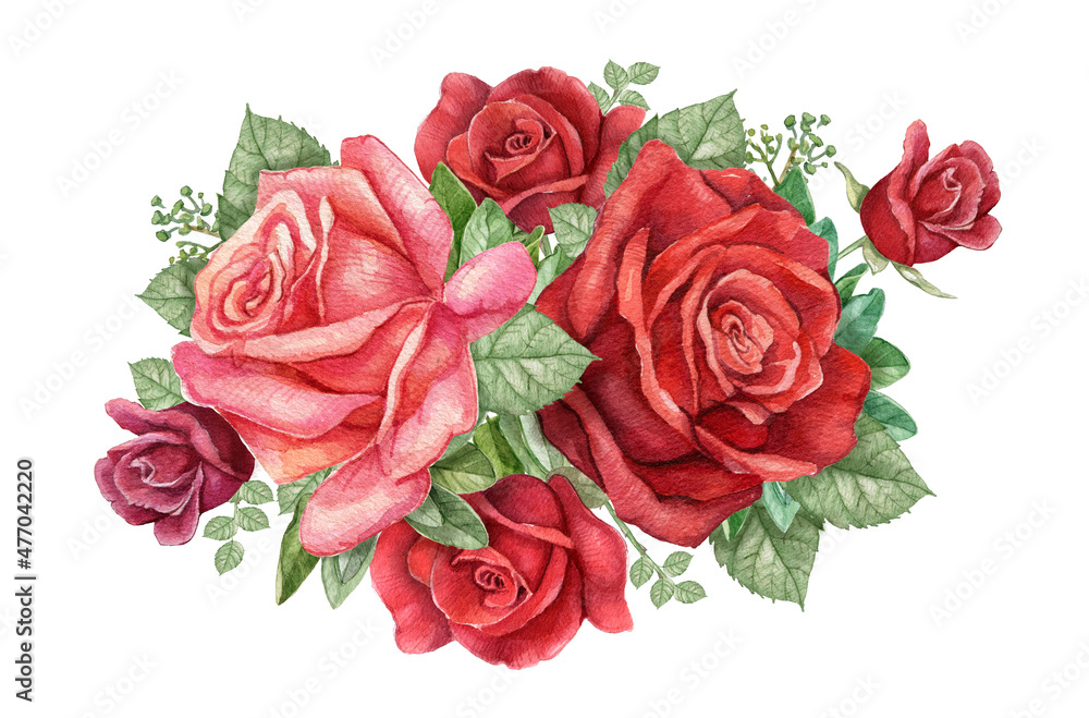 Watercolor dark red rose branch, burgundy rose flower border, wedding arragement, bridal shower element,Vintage realistic botanical  rose - obrazy, fototapety, plakaty 