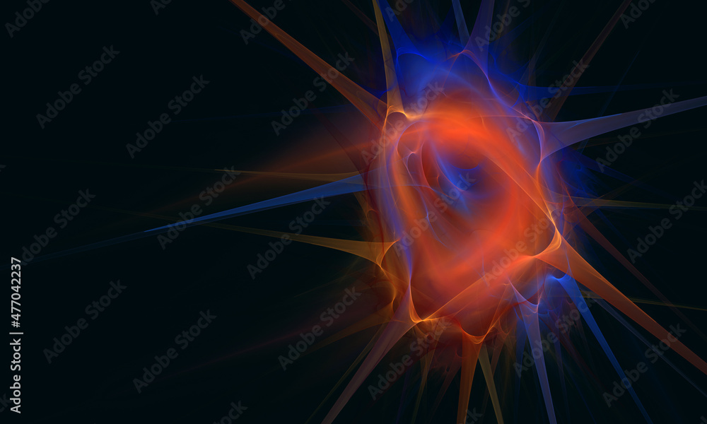 Powerful explosion of red orange blue energy in deep dark space. 3d illustration of digital portal, galactic star with long rays, cluster of cosmic substances. Great as cover, print for electronics. Powerful explosion of red orange blue energy in deep dark space. 3d illustration of digital portal, galactic star with long rays, cluster of cosmic substances. Great as cover, print for electronics.