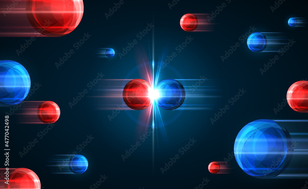Αυτοκόλλητο Frozen moment of red and blue particles collision