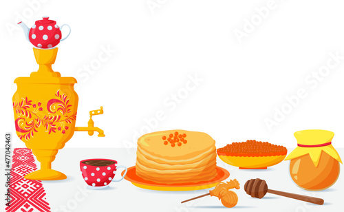 a table with snacks for Shrovetide. with pancakes, tea, honey, samovar and caviar