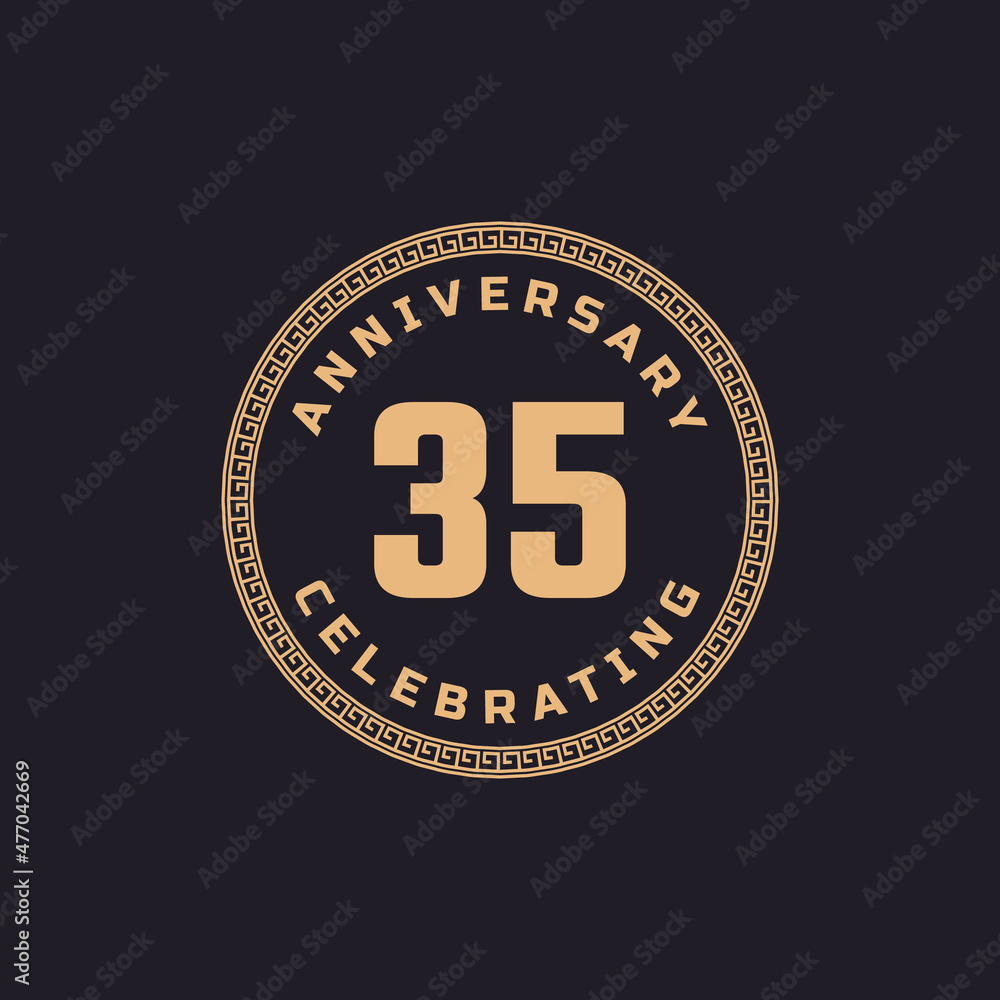 Vintage Retro 35 Year Anniversary Celebration with Circle Border Pattern Emblem. Happy Anniversary Greeting Celebrates Event Isolated on Black Background