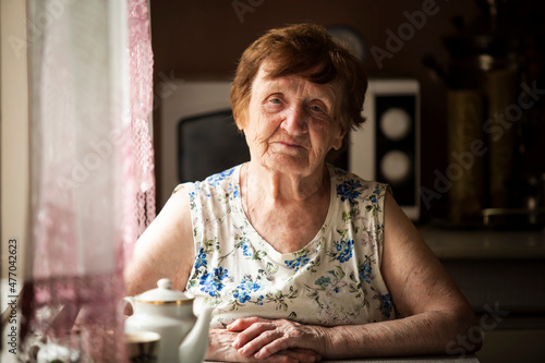 Obraz na płótnie Portrait of an elderly village woman in her home. w salonie