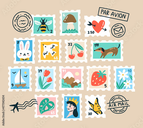 Set of vector postage stamps and postmarks depicting animals, berries, insects, flowers. Hand drawn mail markings in cartoon style.