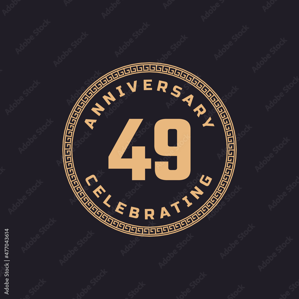 Vintage Retro 49 Year Anniversary Celebration with Circle Border Pattern Emblem. Happy Anniversary Greeting Celebrates Event Isolated on Black Background