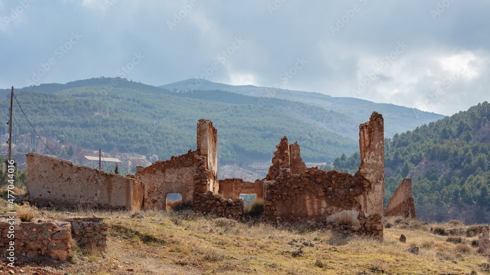 Ruin of a building in the abandoned mining town of Las Menas de Seron, in the mountain range Sierra de los Filabres, Andalusia, Spain