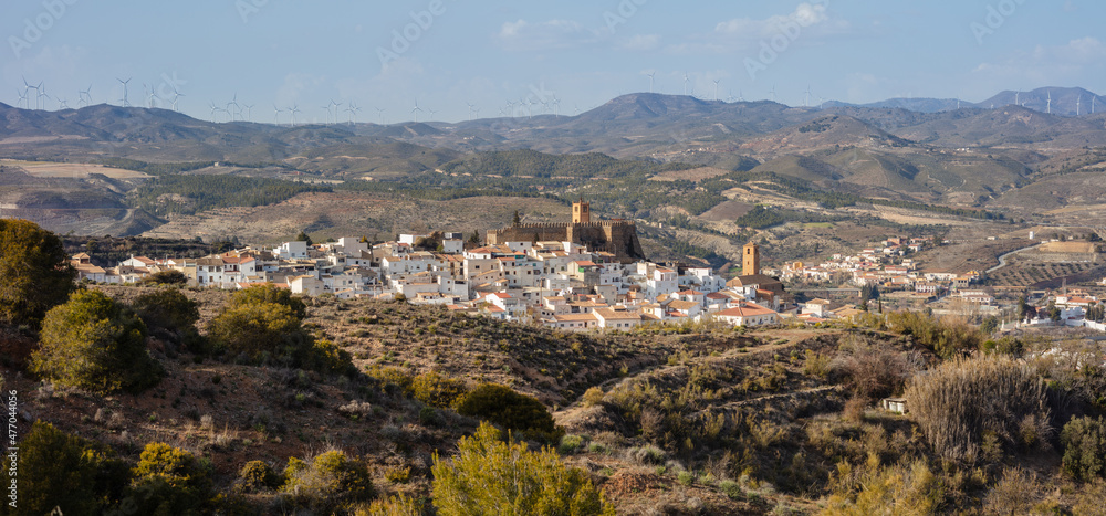 Panorama view on the ancient city of Seron in the rolling hills of the Los Filabres Mountain Range, Andalusia, Spain