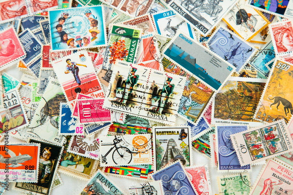 World Stamps, Collage Stamps Of Different Countries, World Currencies, World Order