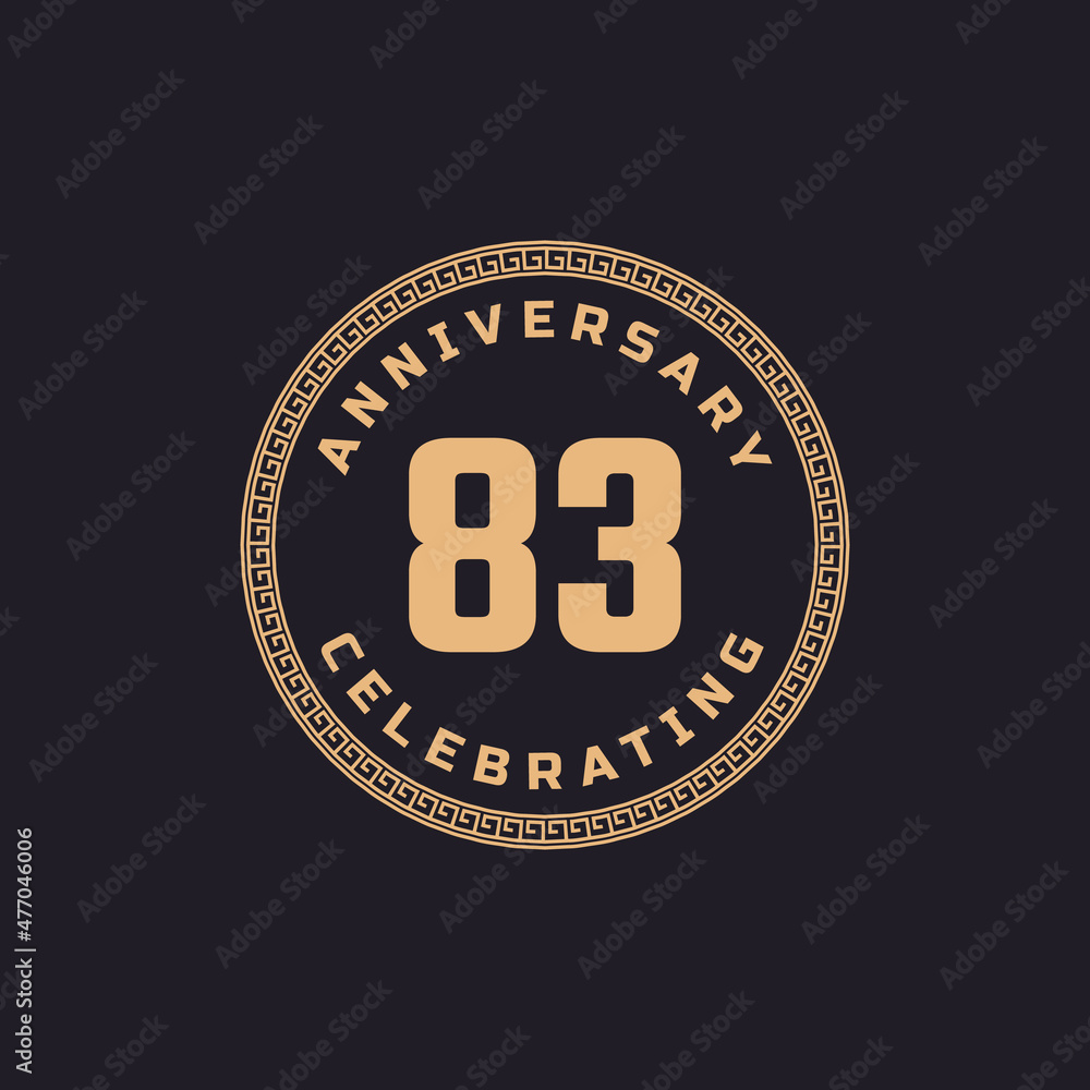 Vintage Retro 83 Year Anniversary Celebration with Circle Border Pattern Emblem. Happy Anniversary Greeting Celebrates Event Isolated on Black Background