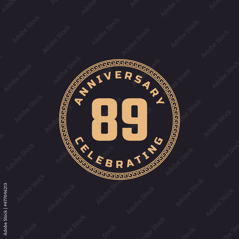 Vintage Retro 89 Year Anniversary Celebration with Circle Border Pattern Emblem. Happy Anniversary Greeting Celebrates Event Isolated on Black Background