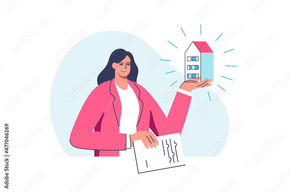 Beautiful smiling young woman holding little house and lease or mortgage agreement in hands. Concept of business in real estate, mortgage, rent. Vector illustration. Beautiful smiling young woman holding little house and lease or mortgage agreement in hands. Concept of business in real estate, mortgage, rent. Vector illustration.