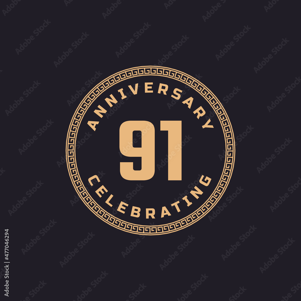 Vintage Retro 91 Year Anniversary Celebration with Circle Border Pattern Emblem. Happy Anniversary Greeting Celebrates Event Isolated on Black Background