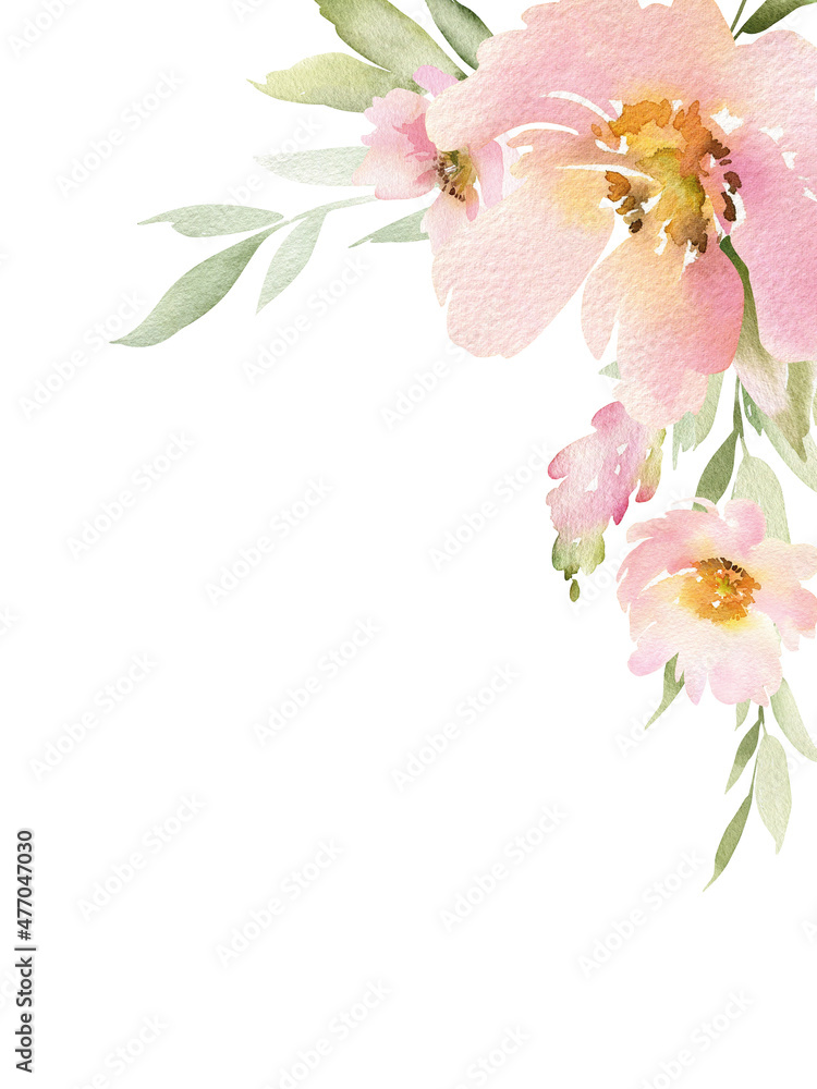 Watercolor floral background which can become a postcard or a wedding invitation. Romantic frame with pink flowers, template for your design