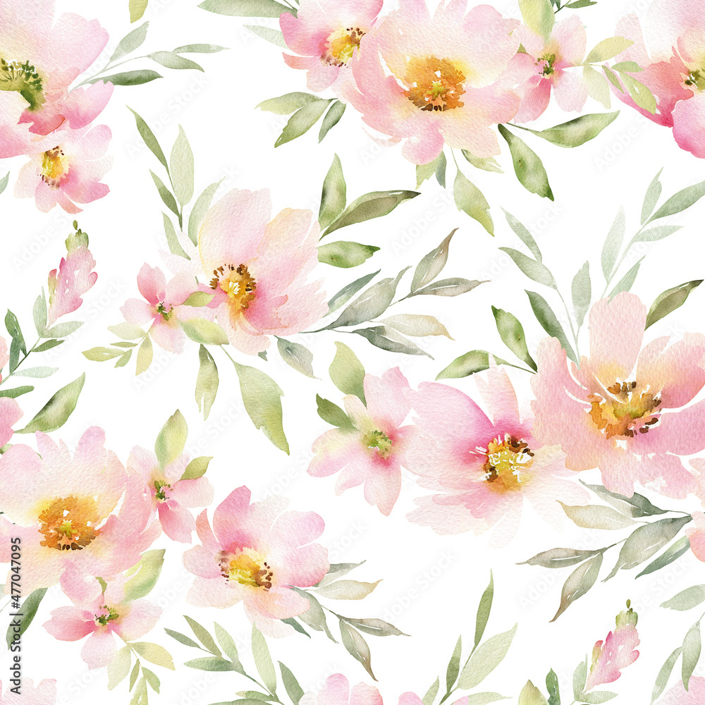 Fototapeta Seamless pattern with pink flowers. Repeating background with elements of watercolor flowers and leaves isolated on white background. Garden style texture for wrapping paper or textile