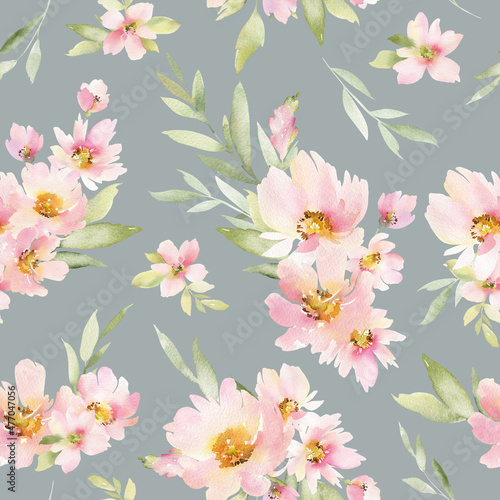 Seamless pattern with elements of watercolor flowers and leaves. Garden style texture for wrapping paper or textile © Aleksa