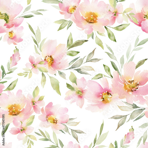 Seamless pattern with pink flowers. Repeating background with elements of watercolor flowers and leaves isolated on white background. Garden style texture for wrapping paper or textile