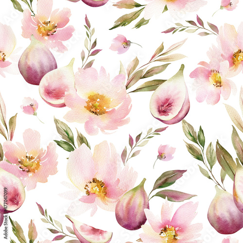 Fototapeta Naklejka Na Ścianę i Meble -  Seamless pattern with pink flowers and figs. Repeating background with elements of watercolor flowers isolated on white background. Garden style texture for wrapping paper or textile