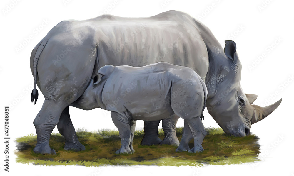 Dipinto di una mamma rinoceronte mentre allatta il suo cucciolo su sfondo bianco