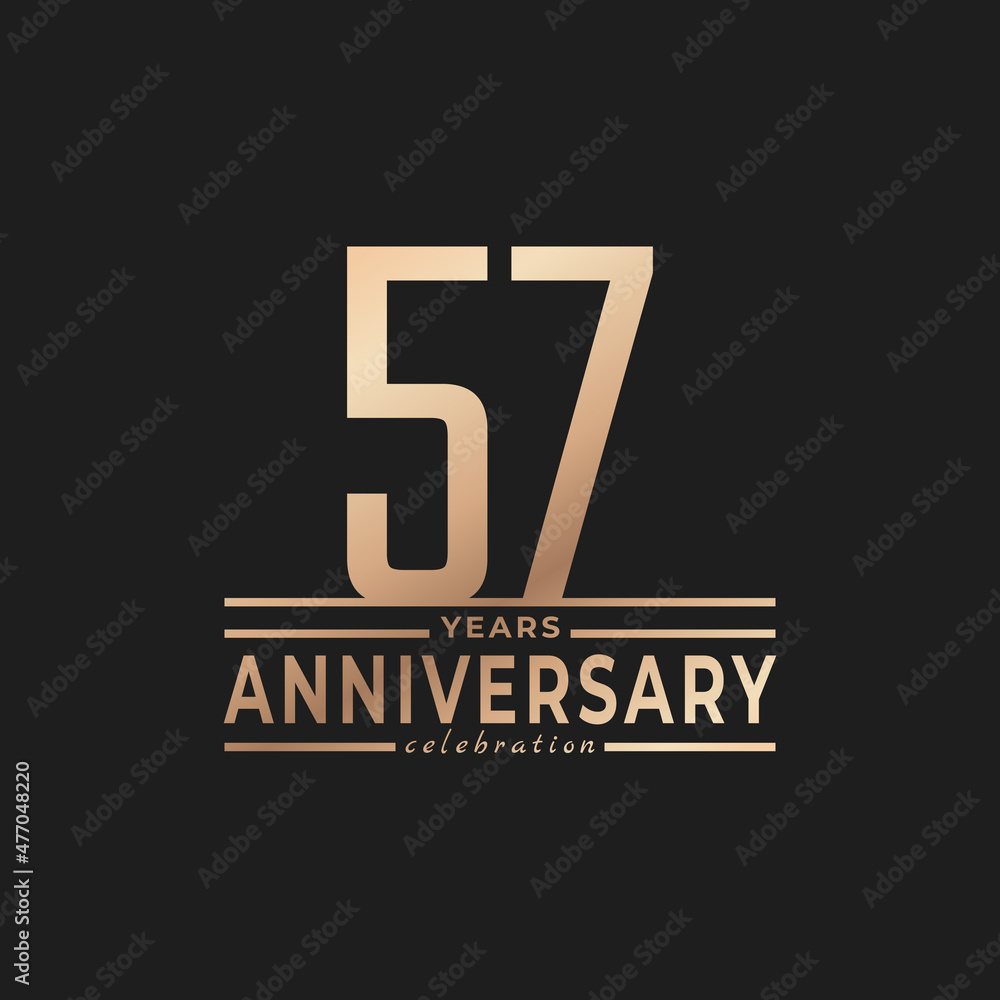 57 Year Anniversary Celebration with Thin Number Shape Golden Color for Celebration Event, Wedding, Greeting card, and Invitation Isolated on Dark Background
