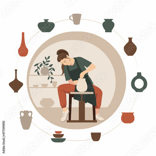 Potter girl. A woman sculpts a clay vase behind a potter's wheel.
