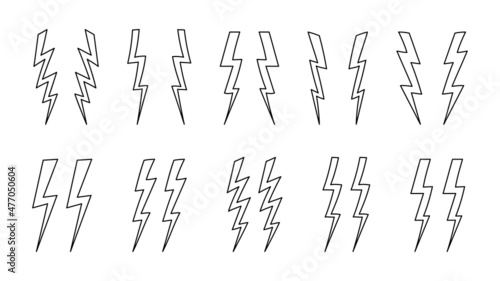 Thunderbolt decorative brace set line art. Set of minimalistic hand drawn lightning bolts. Vector illustration of collection of punctuation marks.
