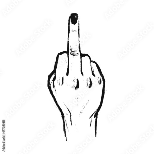 Middle finger of a woman's hand. Inappropriate gesture grunge style. Drawn Fuck gesture. The woman shows her middle finger. Vector illustration fuck isolated on white background.