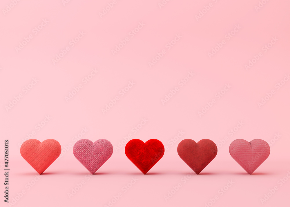Hearts on pink background. Valentine's Day backdrop with free space for text, copy space. Postcard, greeting card design. 3D illustration. Love.