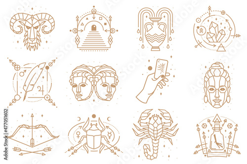 Esoteric and zodiacal symbols. Vector illustration. Outline icon for alchemy, sacred geometry. Mystic or magic design with zodiac sign.