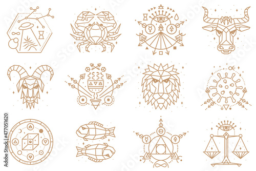 Esoteric and zodiacal symbols. Vector illustration. Outline icon for alchemy, sacred geometry. Mystic or magic design with zodiac sign.