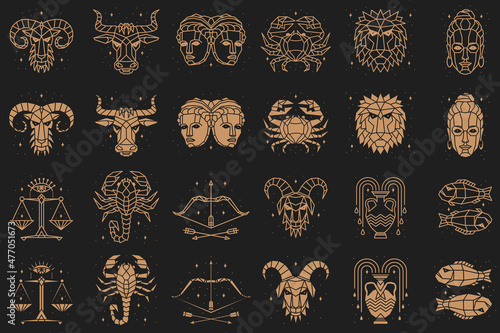 Zodiacal symbols. Vector illustration. Astrology, horoscope sign, graphic design elements, printing template. Esoteric zodiacal horoscope templates Isolated on black silhouette and thin line art.