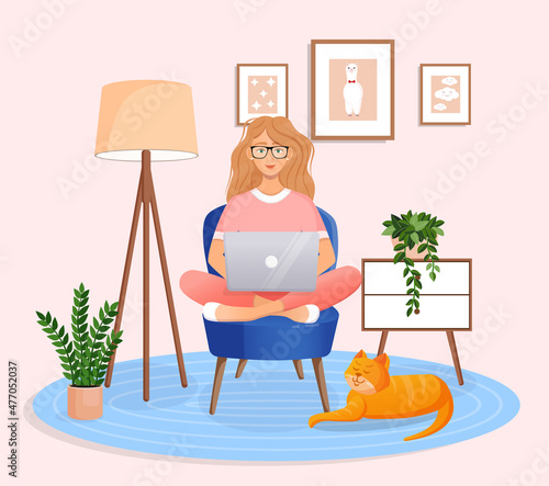 Woman is sitting on a chair at home at a laptop computer. Remote work, office at home, programming, freelance. Study at home in quarantine. Vector illustration. Cozy interior with a cat