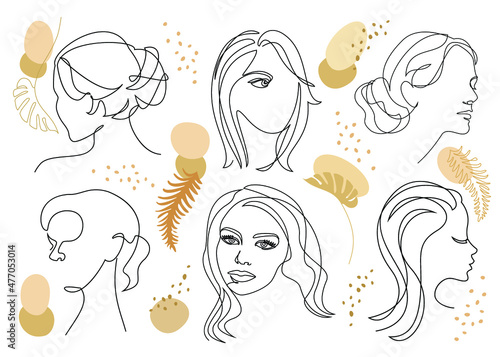 Collection. Silhouettes of a girl s head  a woman s face and a leaf of a plant in a modern style. The woman laughs. Solid line  outline for decor  posters  stickers  logo. Vector illustration set.