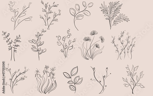 Fototapeta Naklejka Na Ścianę i Meble -  Tattoo sketches with floral elements. Set of tattoos with floral pattern. Drawn with black thin line.