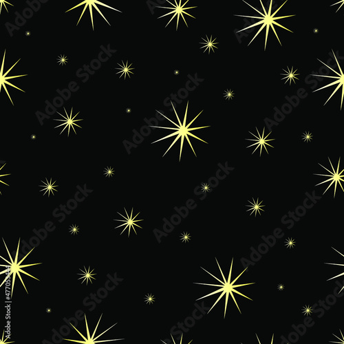  seamless pattern of bright yellow stars on the black night sky