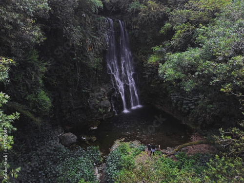 Long exposure aerial view of a waterfall hidden in a forest located in Mauritius