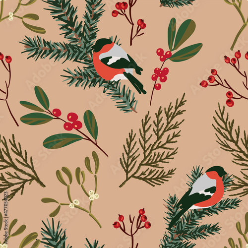 Christmas festive seamless pattern christmas tree, thuja, mistletoe, holly and bullfinch. Flat colorful style.
