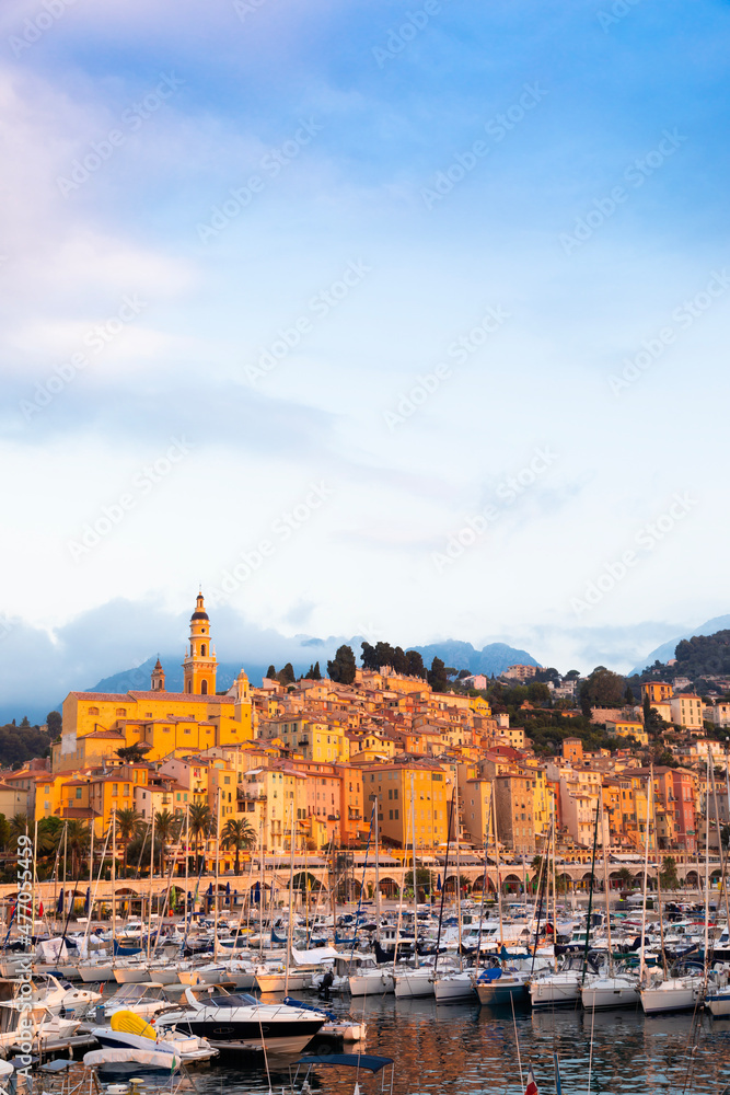 Menton on the French Riviera, named the Coast Azur, located in the South of France at sunrise